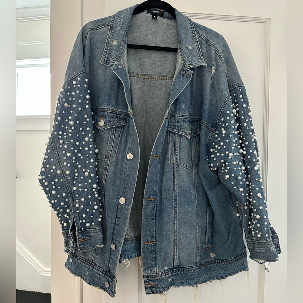 Aqua Light Blue Denim Jean Jacket with Pearl Embellished Sleeves